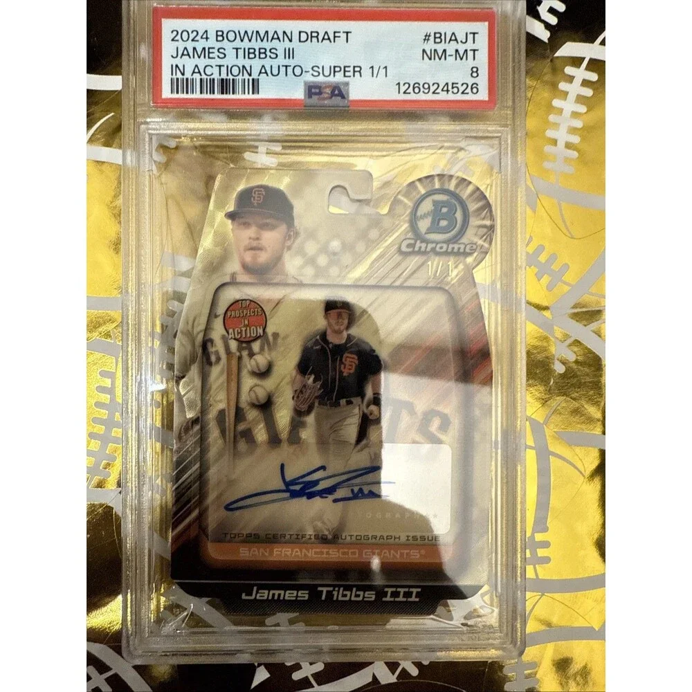 2024 bowman Draft baseball JAMES TIBBS III IN ACTION AUTO Gold SF 1/1  PSA 8